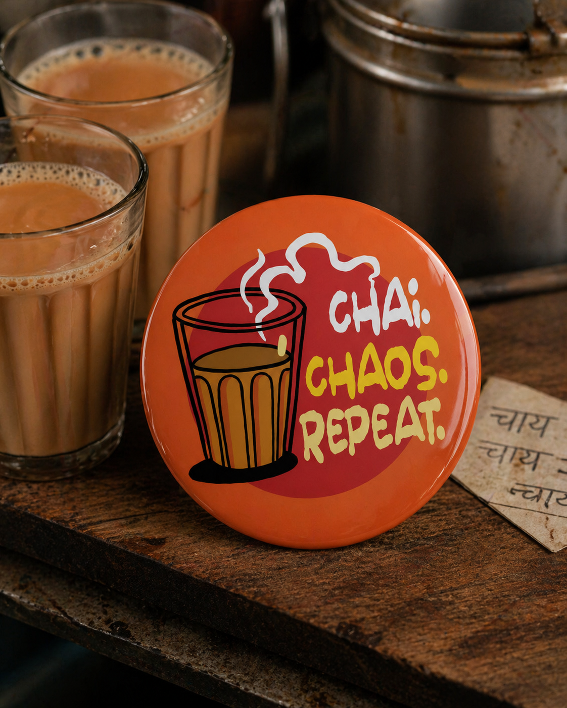 CHAI CHAOS REPEAT Badge Magnet | Funny Corporate Gift | Corporat Comics