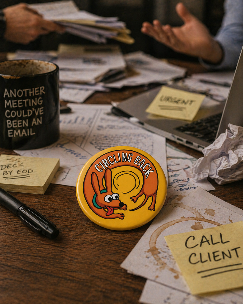 CIRCLING BACK Badge Magnet | Funny Corporate Gift | Corporat Comics