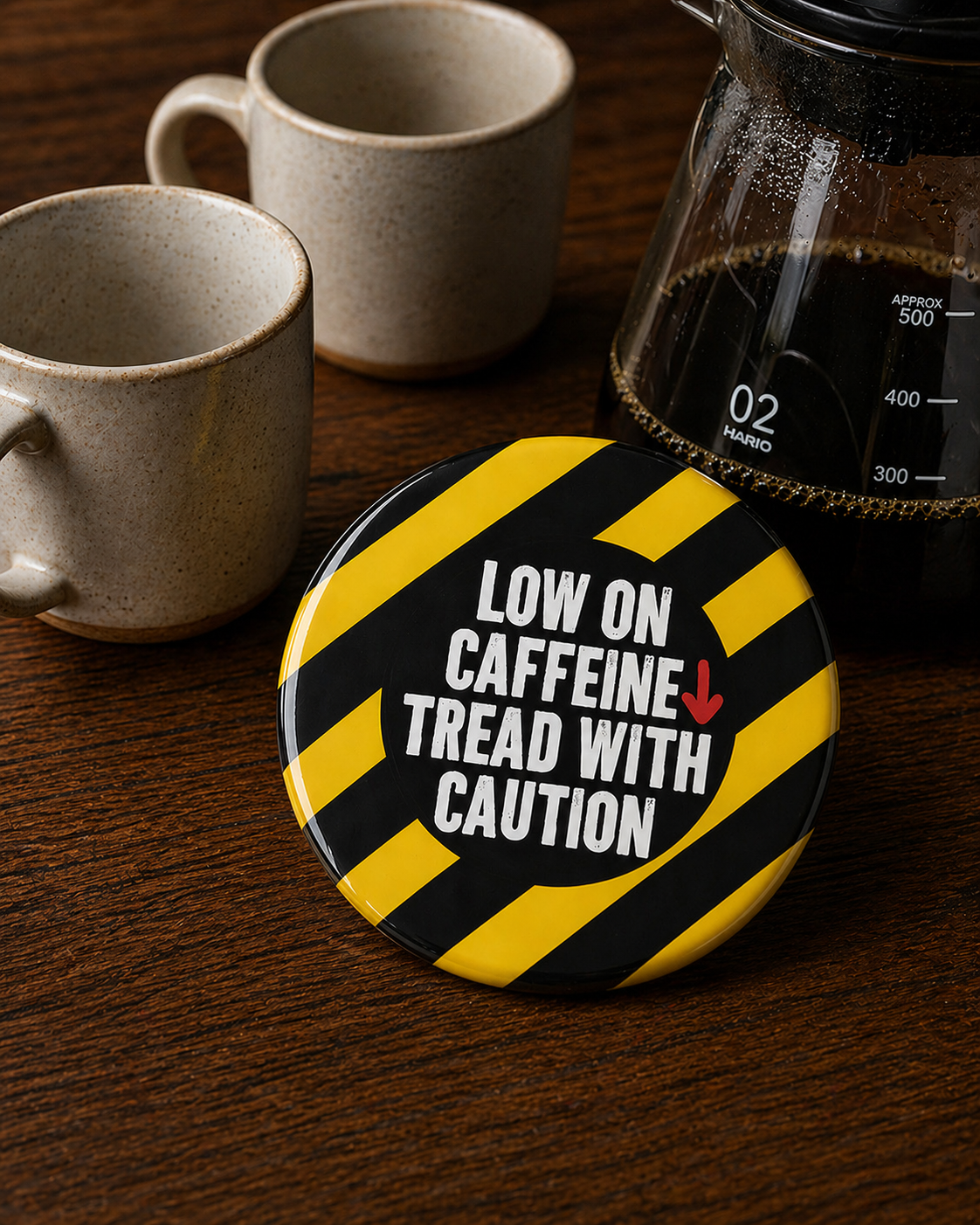 LOW ON CAFFEINE Badge Magnet | Funny Corporate Gift | Corporat Comics