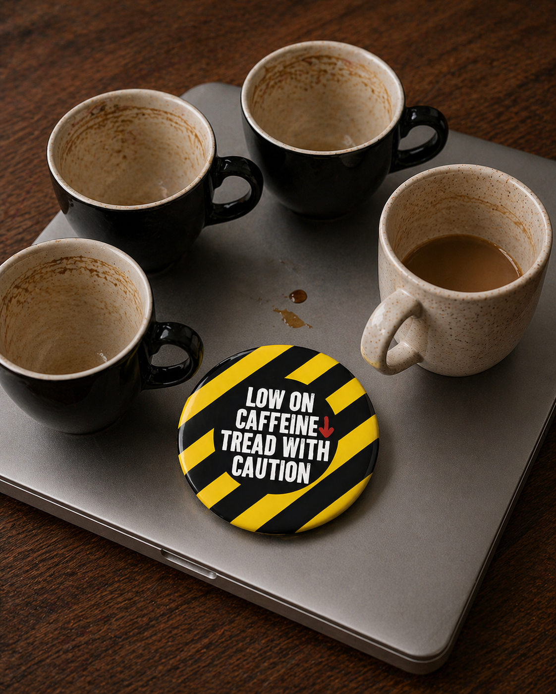 LOW ON CAFFEINE Badge Magnet | Funny Corporate Gift | Corporat Comics