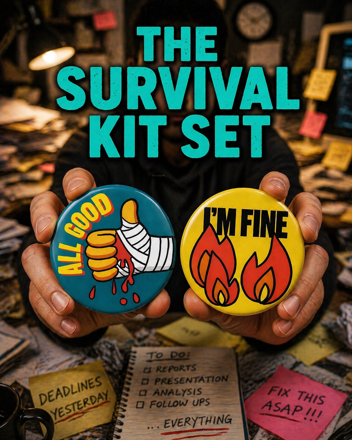 The Survival Kit | Set of 6 | Badge Magnet | Funny Corporate Gift | Corporat Comics